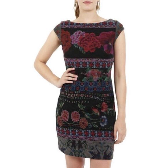 DESIGUAL Monroe Floral Bird Patterned Textured Scoop Back Dress Size Medium - Picture 2 of 12